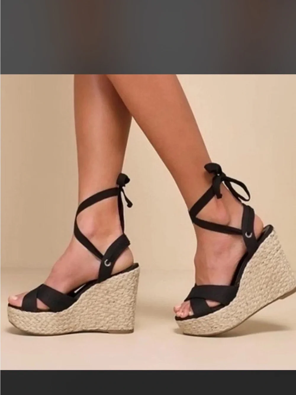 Lulus Black Canvas Wedge Heel  Espadrille Sandals 7 Strappy Lace Up Rope Heel